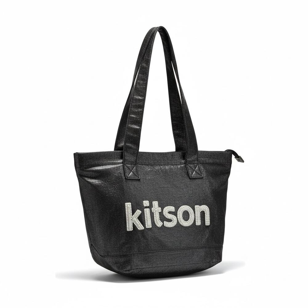 Kitson Los Angeles Beverly Hills Shiny Black Logo Zipper Tote Bag